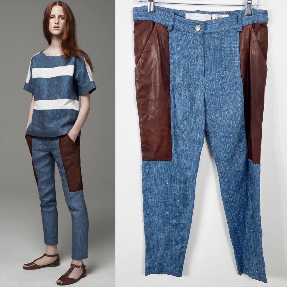 Thakoon Addition Denim Leather Combo Trouser Pant Blue Chocolate Brown